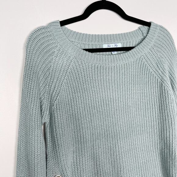 She + Sky Small S Teal Green Side Tie Lace Up Pullover Sweater Scoop Neck Cozy - Picture 5 of 9
